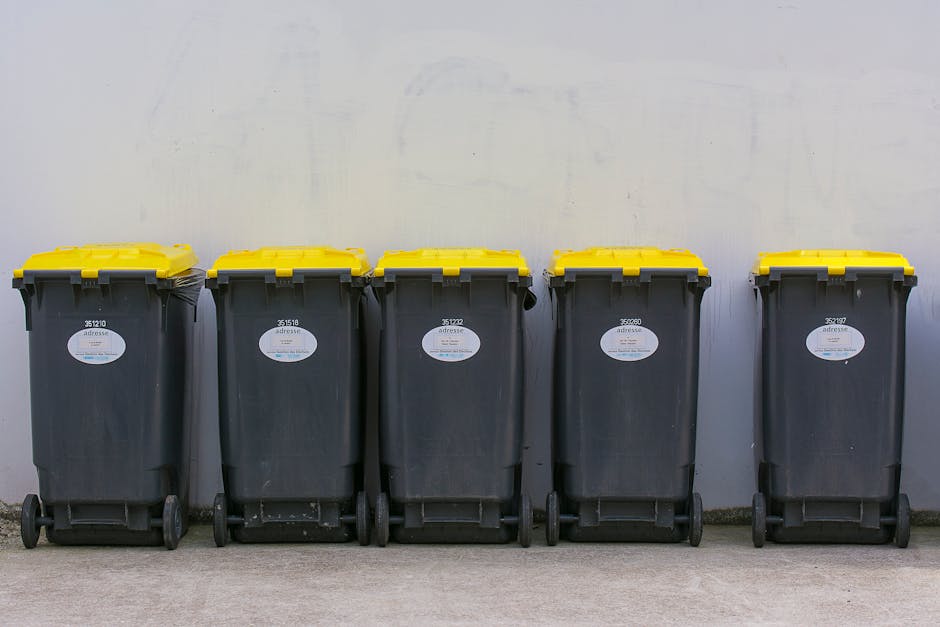 Five large wheeled rubbish bins with black bodies and yellow lids are lined up against a plain white wall in an outdoor setting. Each bin has a label with a barcode and some text, positioned on the fr